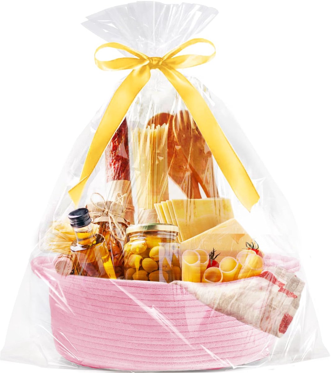 Gift basket with gift bag and ribbons - Small woven rope storage shelf - Empty gift baskets - Decorative birthday party storage box for cat, dog, pet with handles (pink) - Image 2