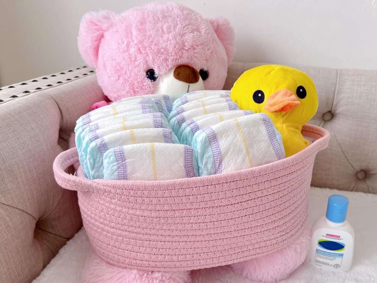Gift basket with gift bag and ribbons - Small woven rope storage shelf - Empty gift baskets - Decorative birthday party storage box for cat, dog, pet with handles (pink) - Image 3