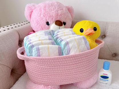Gift basket with gift bag and ribbons - Small woven rope storage shelf - Empty gift baskets - Decorative birthday party storage box for cat, dog, pet with handles (pink) - Image 3