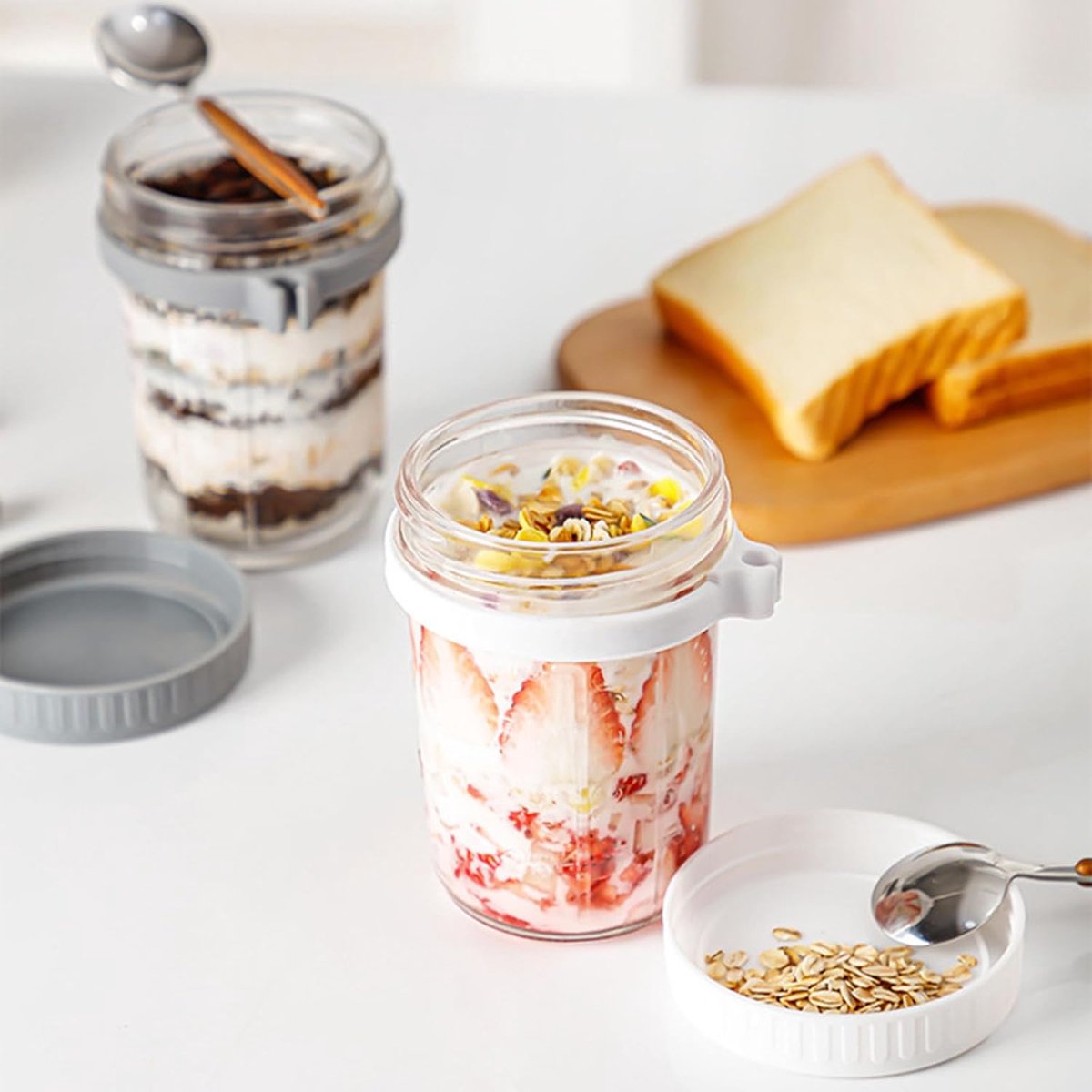 2-Pack Overnight Oatmeal Jars - With lid and spoon - 12 oz jars - For storing oatmeal overnight - With measuring lines - Large airtight jars - Also suitable for storing milk, fruit, and breakfast cereals (white + grey) - Image 2
