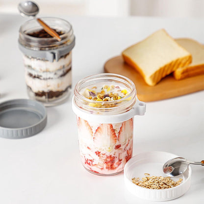 2-Pack Overnight Oatmeal Jars - With lid and spoon - 12 oz jars - For storing oatmeal overnight - With measuring lines - Large airtight jars - Also suitable for storing milk, fruit, and breakfast cereals (white + grey) - Image 2