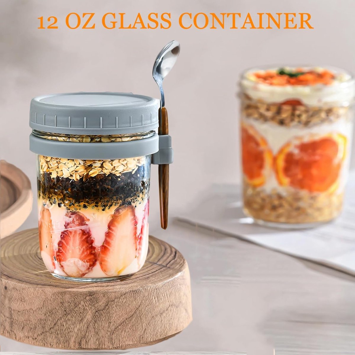 2-Pack Overnight Oatmeal Jars - With lid and spoon - 12 oz jars - For storing oatmeal overnight - With measuring lines - Large airtight jars - Also suitable for storing milk, fruit, and breakfast cereals (white + grey) - Image 3