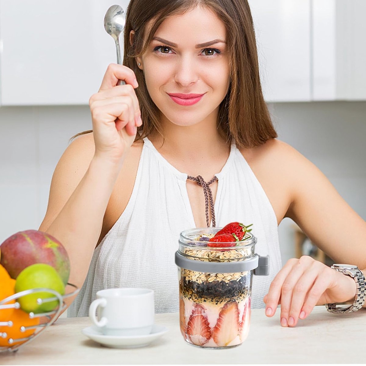 2-Pack Overnight Oatmeal Jars - With lid and spoon - 12 oz jars - For storing oatmeal overnight - With measuring lines - Large airtight jars - Also suitable for storing milk, fruit, and breakfast cereals (white + grey) - Image 4