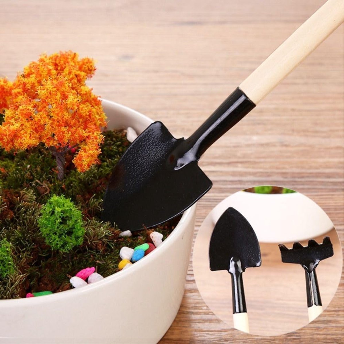 3-Piece Garden Tool Set - Wooden Handle Design - Garden Trowel, Rake and Soil Shovel - For Pots and Plants - Image 3