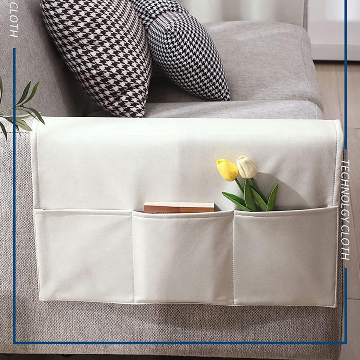 Sofa Armrest Storage - 5 Compartments - Reinforced Tech Fabric - Remote Control Holder - White (60*110CM) - Image 4