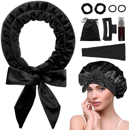 Heat-free hair curlers - Curling rollers - curling set - Blow-dry effect without heat overnight - Soft cap and sleepy bow design - Comfortable curls while you sleep for long hair - black