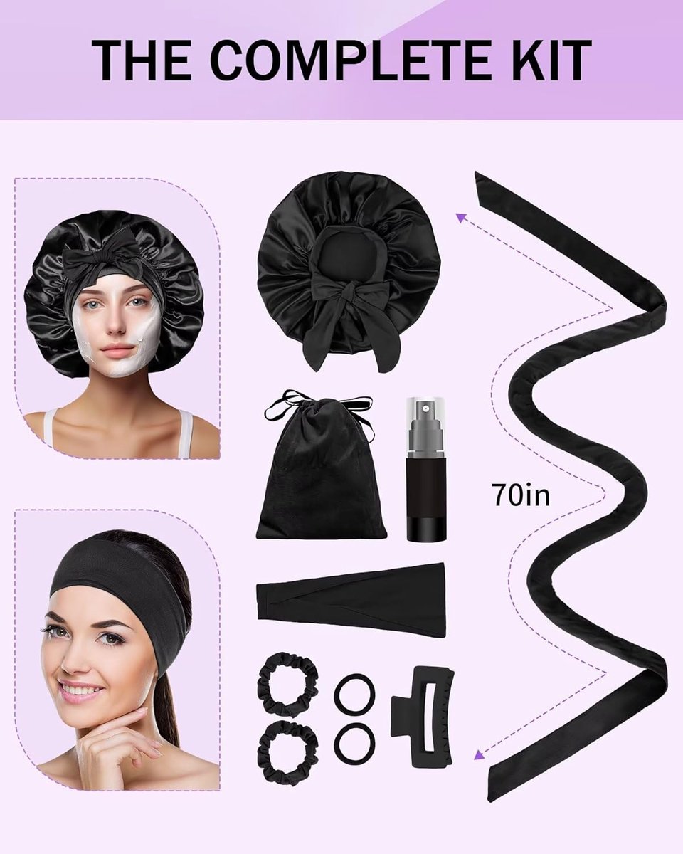 Heat-free hair curlers - Curling rollers - curling set - Blow-dry effect without heat overnight - Soft cap and sleepy bow design - Comfortable curls while you sleep for long hair - black - Image 4