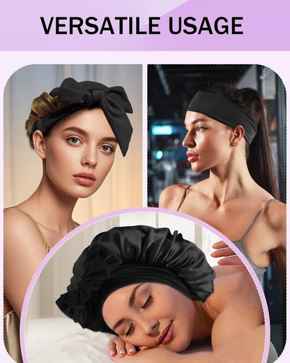 Heat-free hair curlers - Curling rollers - curling set - Blow-dry effect without heat overnight - Soft cap and sleepy bow design - Comfortable curls while you sleep for long hair - black - Image 5