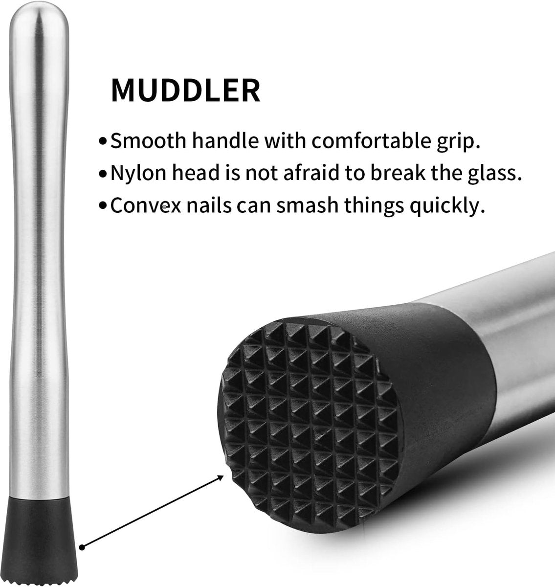 Cocktail Muddler & Stirrer - 25 cm 2-in-1 Bar Tool - Stainless Steel with Long Handle - For Mojitos and Fruit Drinks - Image 3