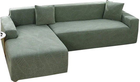 Waterproof sofa cover - Grass green jacquard leaf pattern - For 4-person sofa (235-300 cm)