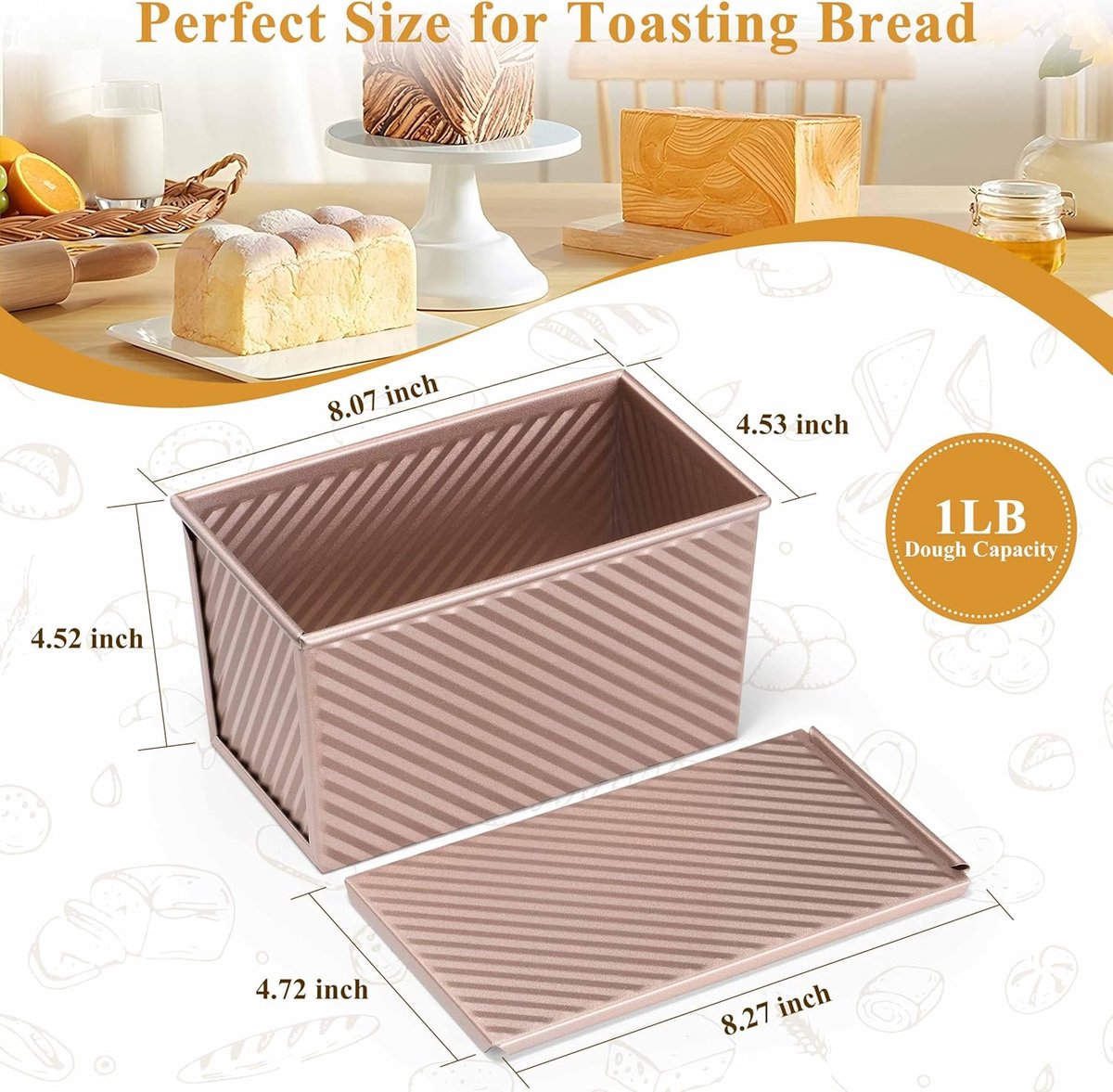2-pack Pullman loaf pan with lid - 1 pound bread baking pan - non-stick coating for homemade sourdough bread - toast box - sturdy corrugated baking pans with lid - rose gold - Image 3