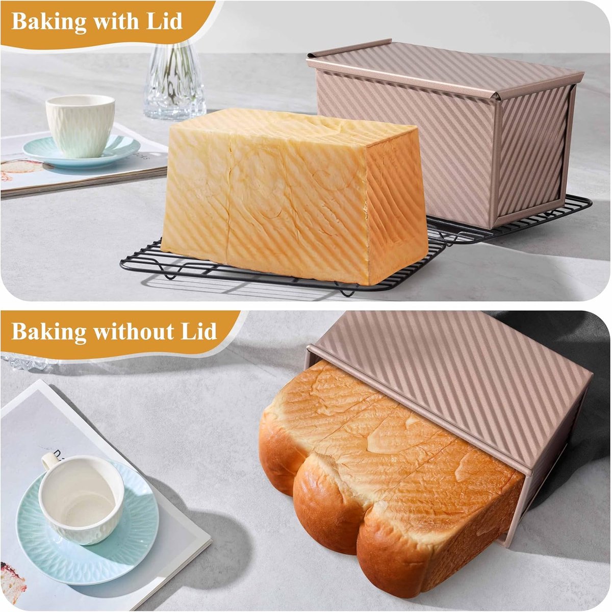 2-pack Pullman loaf pan with lid - 1 pound bread baking pan - non-stick coating for homemade sourdough bread - toast box - sturdy corrugated baking pans with lid - rose gold - Image 4