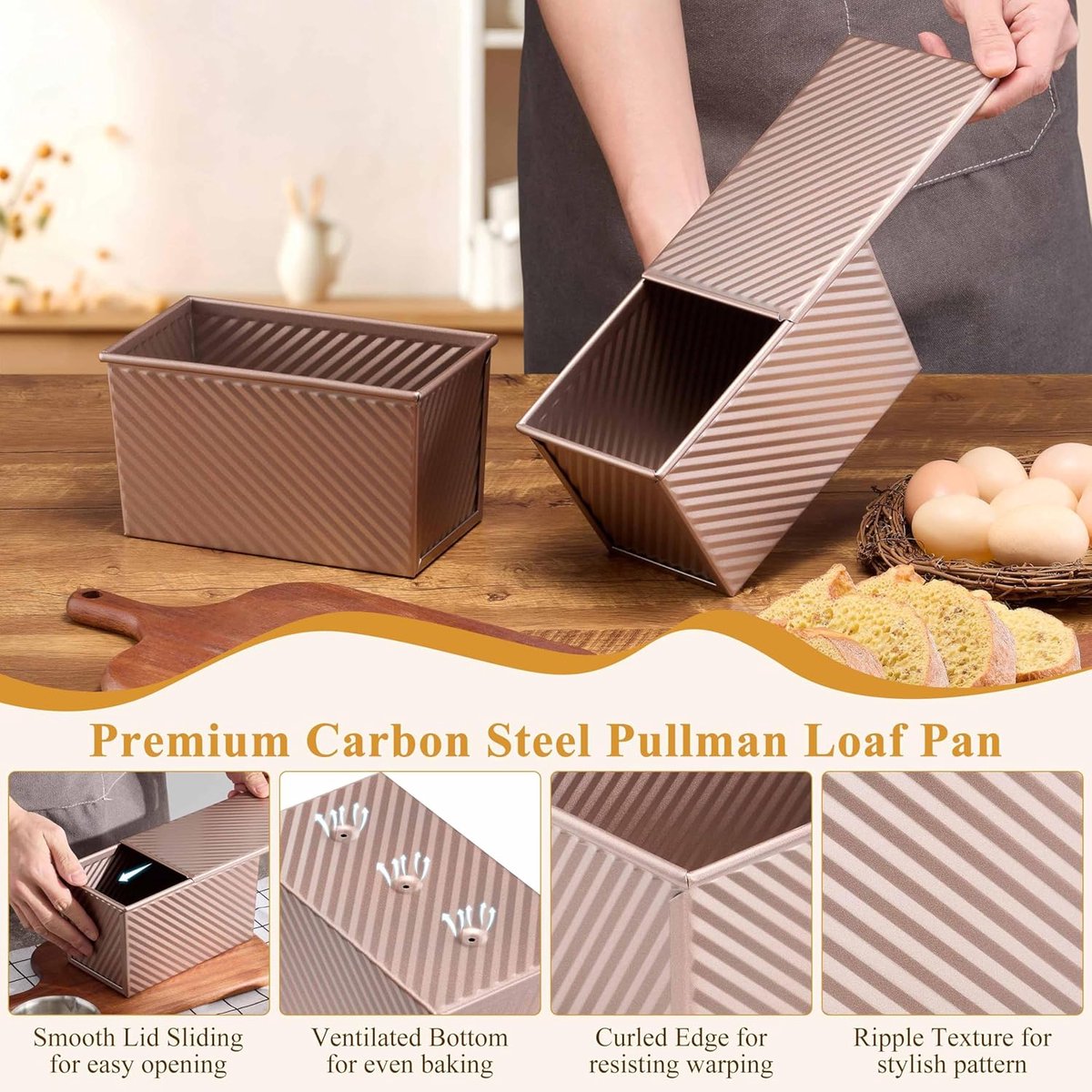 2-pack Pullman loaf pan with lid - 1 pound bread baking pan - non-stick coating for homemade sourdough bread - toast box - sturdy corrugated baking pans with lid - rose gold - Image 5