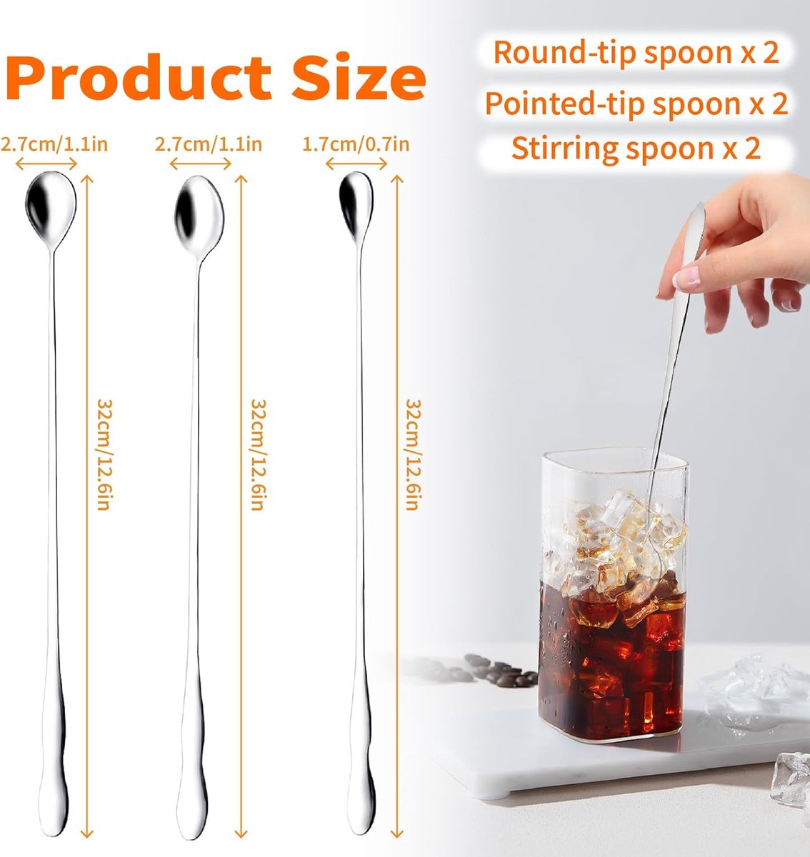 Coffee spoons - Iced tea spoons - Long-handled spoons - Stirring spoons for coffee, ice cream, and cocktails - Stainless steel stirrers - 32 cm dessert spoons (6-pack) - Image 3