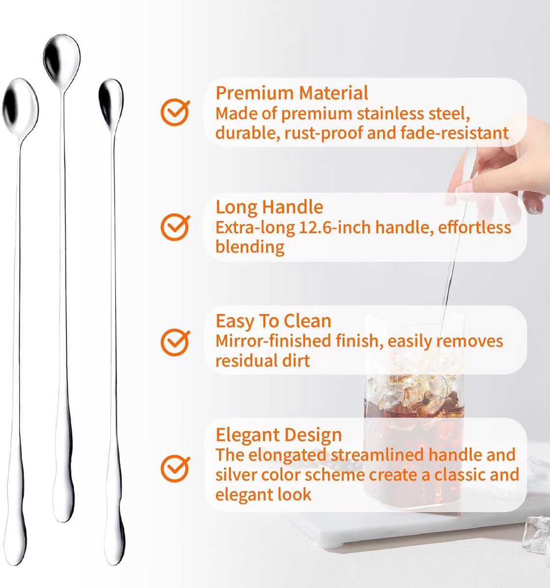 Coffee spoons - Iced tea spoons - Long-handled spoons - Stirring spoons for coffee, ice cream, and cocktails - Stainless steel stirrers - 32 cm dessert spoons (6-pack) - Image 4