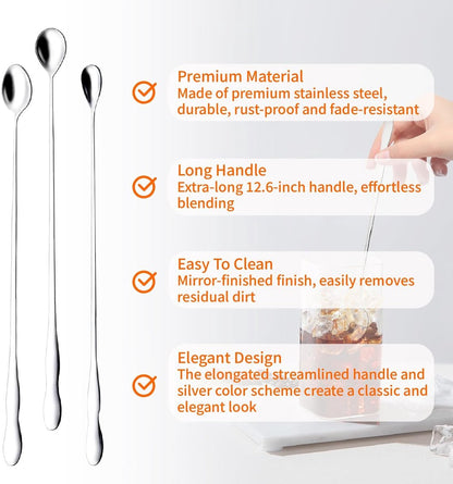 Coffee spoons - Iced tea spoons - Long-handled spoons - Stirring spoons for coffee, ice cream, and cocktails - Stainless steel stirrers - 32 cm dessert spoons (6-pack) - Image 4