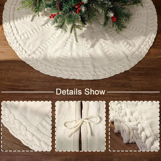 48-inch Christmas tree skirt - Braided cable knit tree skirt - for a 7.5-foot tree - Cream white tree skirt - Vintage tree skirts - Rustic farmhouse Christmas decorations - Image 2