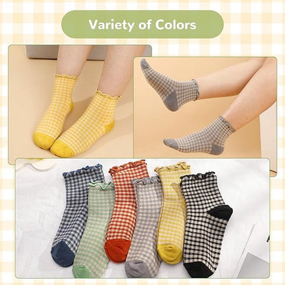 Frilly Socks - cute checked ankle socks for women - cotton knitted casual crew socks - Image 4