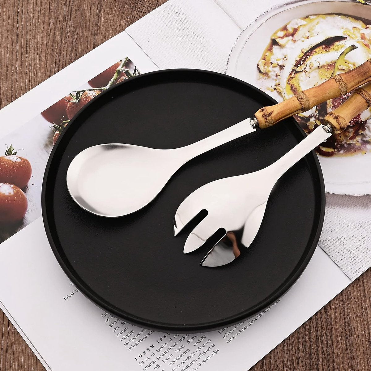 Cutlery set - including spoon and fork - made of 304 stainless steel - with natural bamboo handles, 25 cm long - suitable for kitchens, parties, buffets, etc. - 4 pieces in total / 2 of each - Image 2
