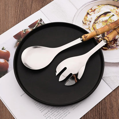 Cutlery set - including spoon and fork - made of 304 stainless steel - with natural bamboo handles, 25 cm long - suitable for kitchens, parties, buffets, etc. - 4 pieces in total / 2 of each - Image 2
