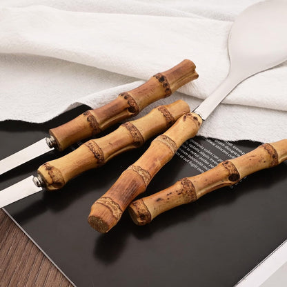 Cutlery set - including spoon and fork - made of 304 stainless steel - with natural bamboo handles, 25 cm long - suitable for kitchens, parties, buffets, etc. - 4 pieces in total / 2 of each - Image 3