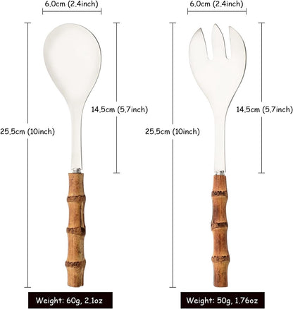 Cutlery set - including spoon and fork - made of 304 stainless steel - with natural bamboo handles, 25 cm long - suitable for kitchens, parties, buffets, etc. - 4 pieces in total / 2 of each - Image 5