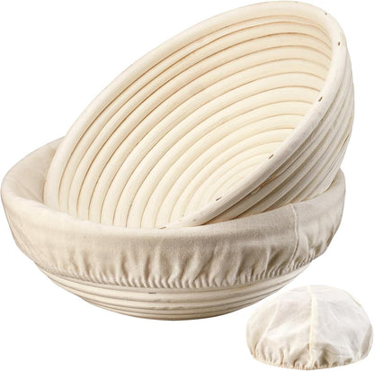 2-Pack Fermentation Basket - Bread Proofing Basket - 9 Inch Round Woven Basket - Includes Linen Lining - Handmade from Natural Reed