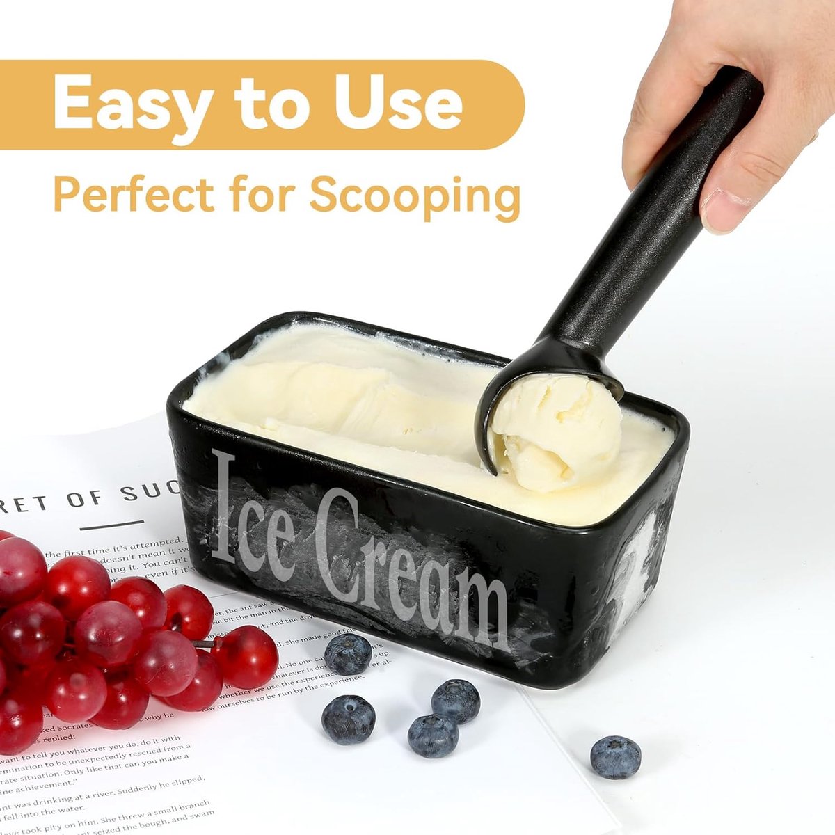Ice Cream Scoop-Ice Cream Spoon - 17.8 cm - Kitchen Utensils-Frost-Resistant - Aluminum - Sturdy and durable - Easy to clean - Suitable for Italian ice cream, cookie dough, sorbet, almond ice cream (Black) - Image 3