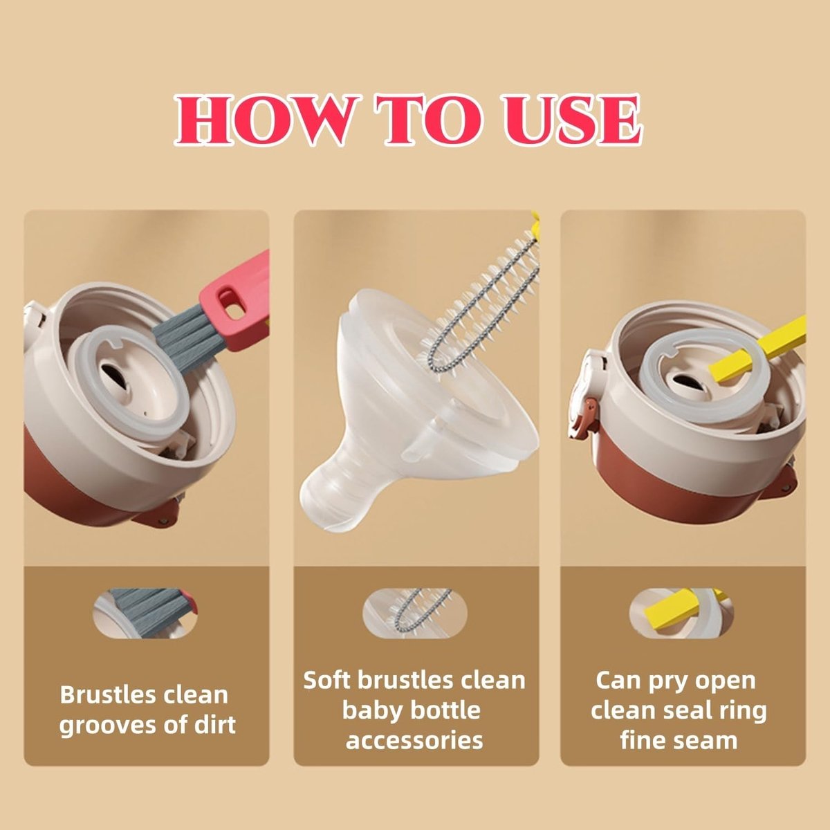 3-in-1 cleaning brush for cup lids, 3-in-1 multifunctional cleaning brush, portable bottle lid cleaner, tight spaces, cup, portable cup lid cleaner with brush, 3 pieces - Image 3