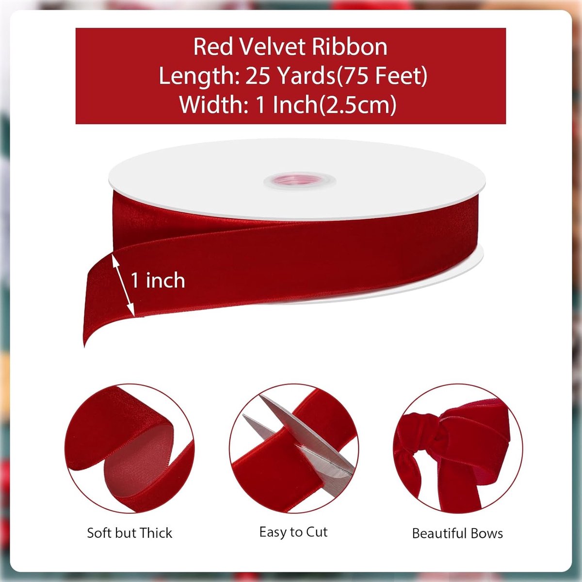 Red Velvet Ribbon – 2.5cm×22.5m, for gifts/Christmas decorations - Image 2