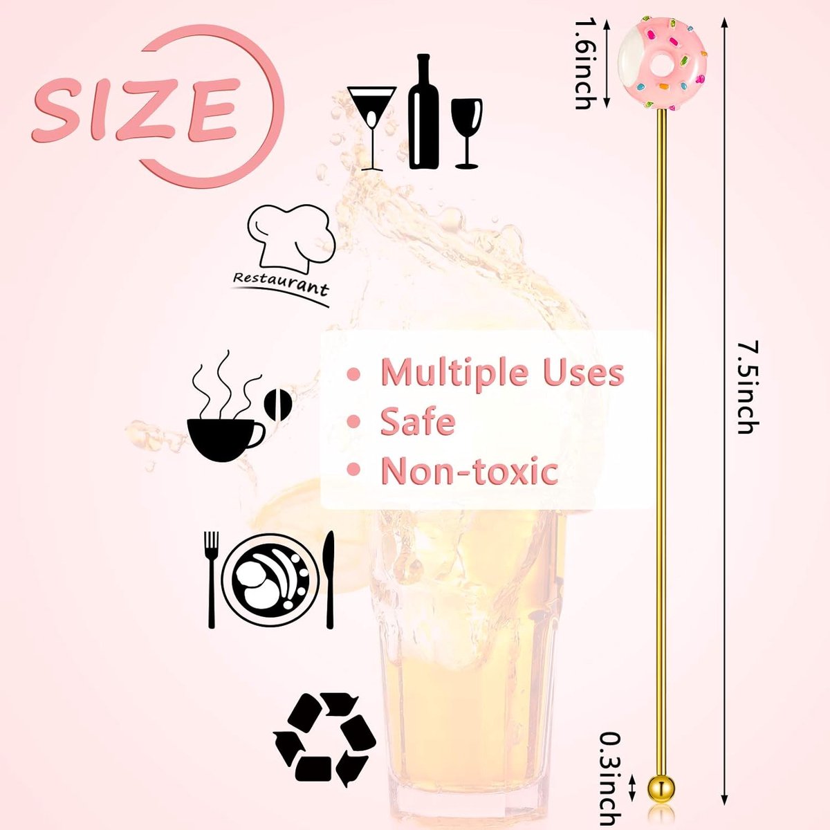8 stainless steel stirrers - Donut cartoon design - Reusable stirrers for coffee and drinks - 7.5-inch long stirrers - Long-stem cocktail picks - Perfect as a donut gift and party decoration - 4 gold and 4 silver pieces - Image 2