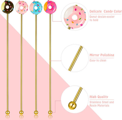 8 stainless steel stirrers - Donut cartoon design - Reusable stirrers for coffee and drinks - 7.5-inch long stirrers - Long-stem cocktail picks - Perfect as a donut gift and party decoration - 4 gold and 4 silver pieces - Image 3