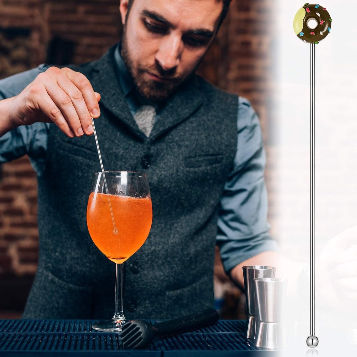 8 stainless steel stirrers - Donut cartoon design - Reusable stirrers for coffee and drinks - 7.5-inch long stirrers - Long-stem cocktail picks - Perfect as a donut gift and party decoration - 4 gold and 4 silver pieces - Image 4