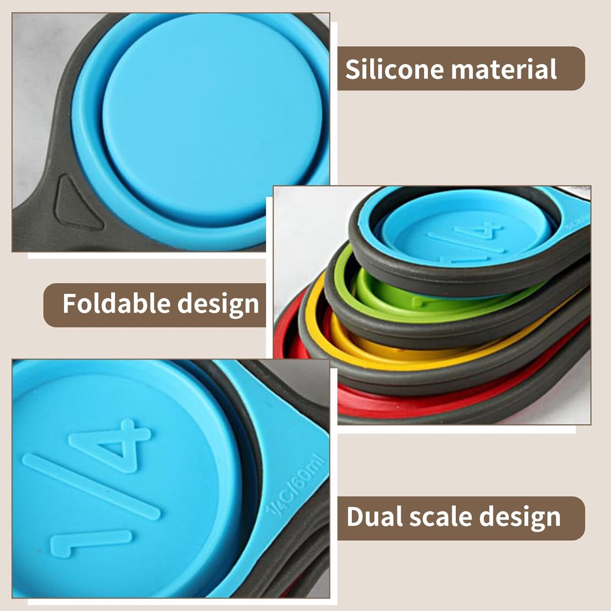 Foldable silicone measuring cups - 60 ml/80 ml/125 ml/250 ml - Set of 4 kitchen measuring instruments (4 colors) - Image 3
