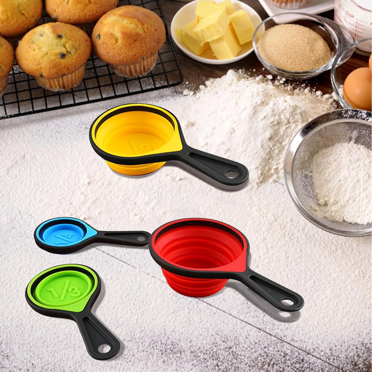 Foldable silicone measuring cups - 60 ml/80 ml/125 ml/250 ml - Set of 4 kitchen measuring instruments (4 colors) - Image 4