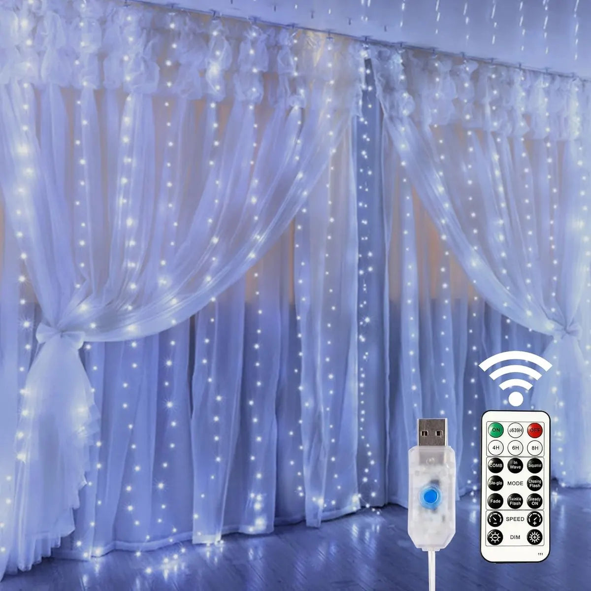 Curtain lights, Christmas lights - 300 LEDs, 8 light modes, copper string lights with remote control, USB powered and waterproof for Christmas, bedroom, party, wedding, home, garden, wall decorations, cool white