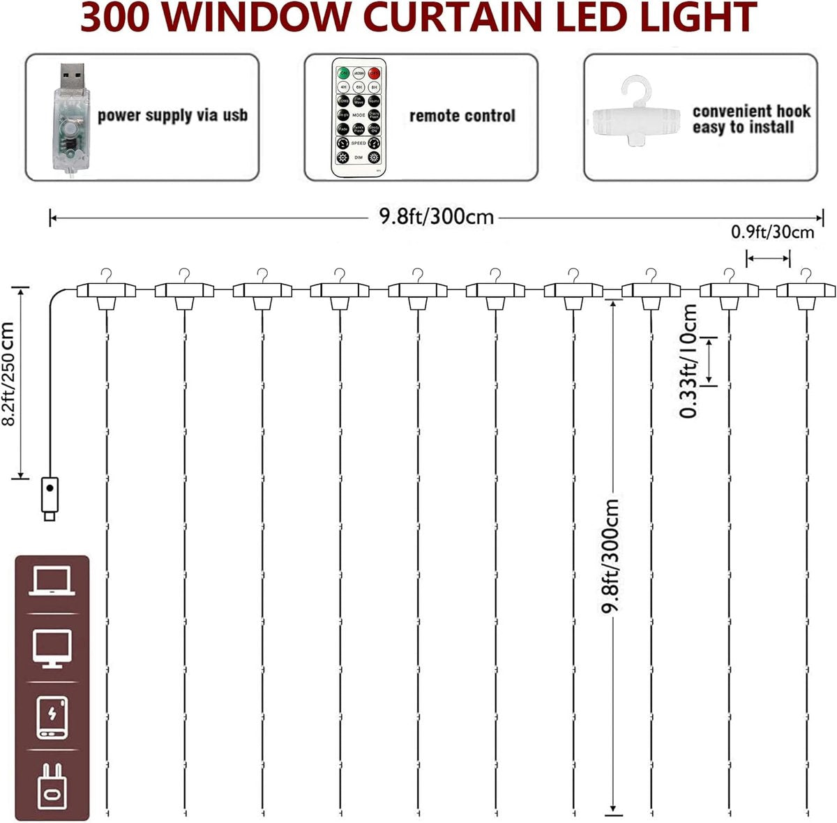 Curtain lights, Christmas lights - 300 LEDs, 8 light modes, copper string lights with remote control, USB powered and waterproof for Christmas, bedroom, party, wedding, home, garden, wall decorations, cool white - Image 2