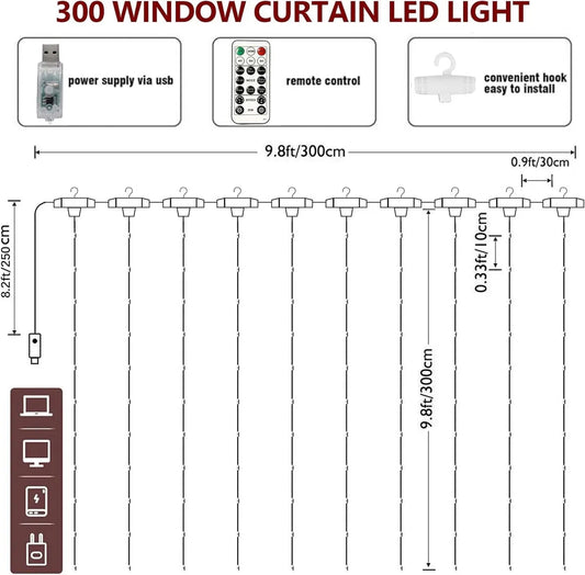 Curtain lights, Christmas lights - 300 LEDs, 8 light modes, copper string lights with remote control, USB powered and waterproof for Christmas, bedroom, party, wedding, home, garden, wall decorations, cool white - Image 2