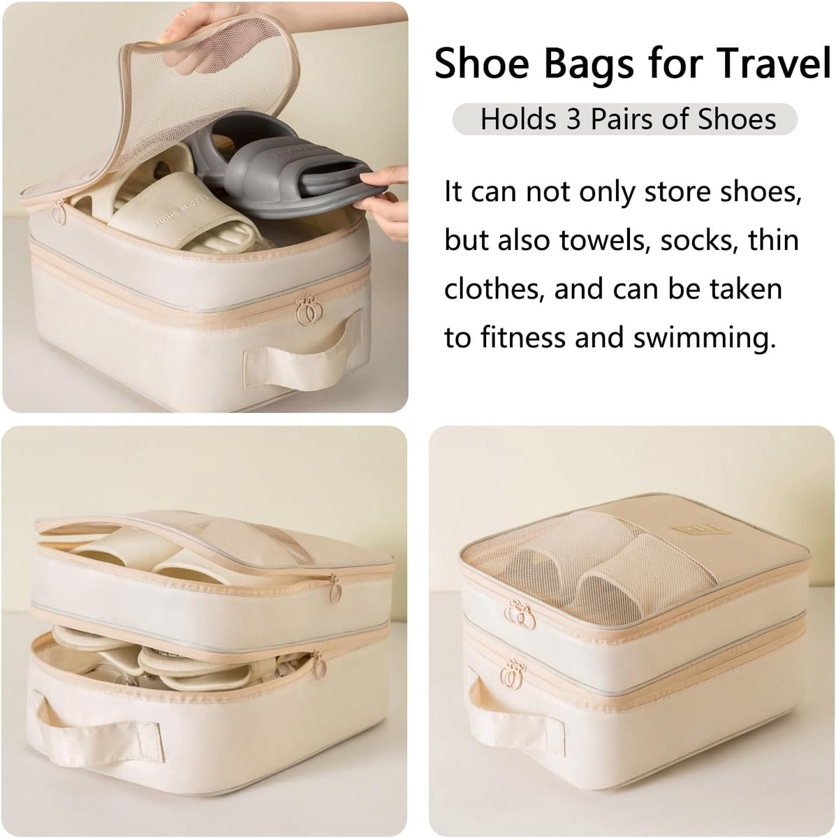 2 shoe storage bags - for travel and daily organization - suitable for 3 pairs of shoes - portable and compact shoe organizer for luggage (off-white) - Image 5