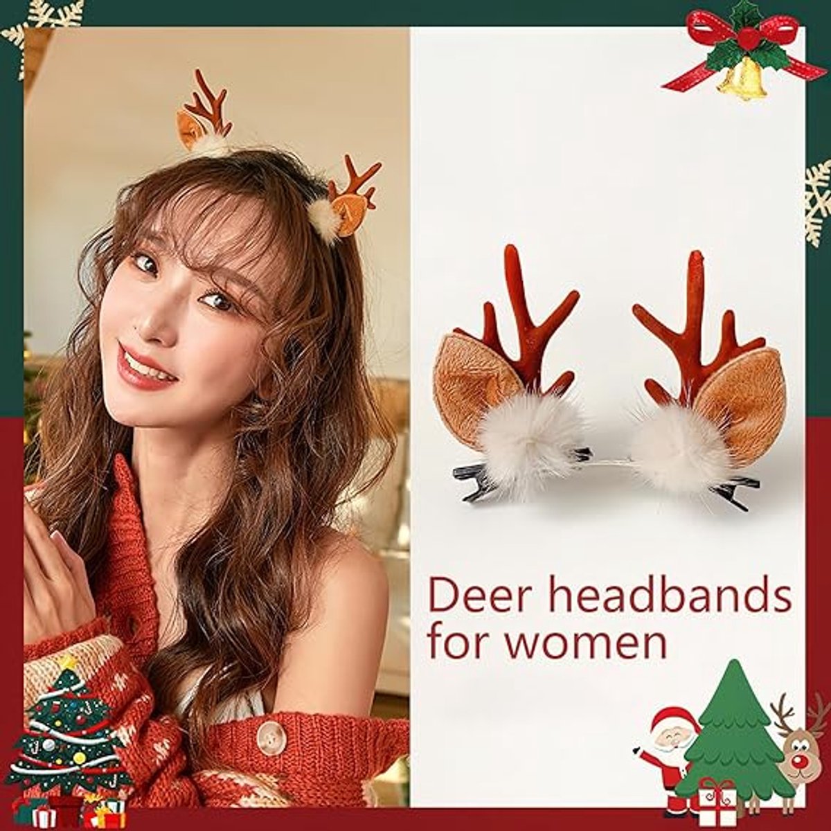 Christmas Hair Clips - Christmas Headband - Cute Deer Antler Headband - With Plush Reindeer Ears - For Halloween and Christmas - Includes Adjustable Strap - Image 5