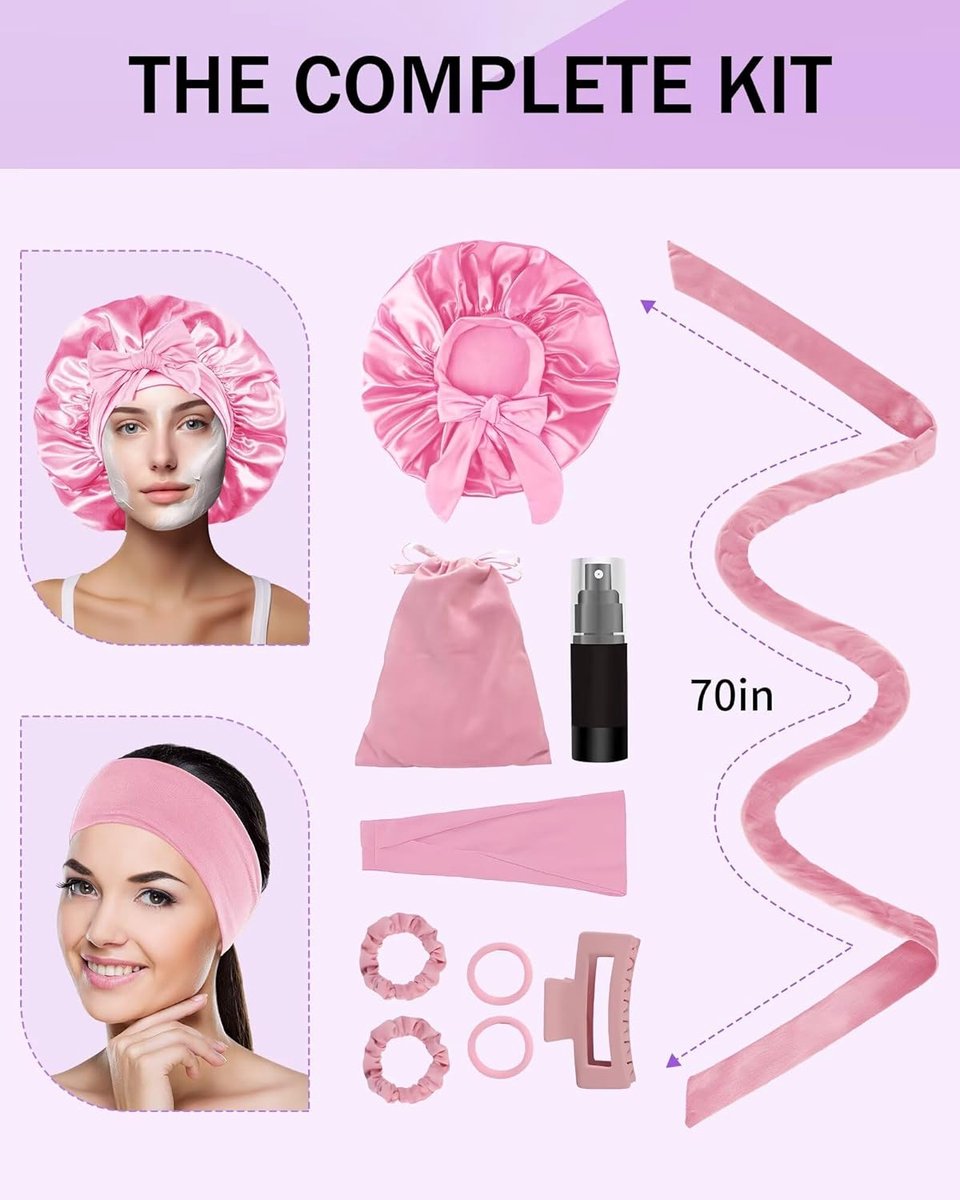 Heat-free hair curlers -Curling rollers- curling set- Blow-dry effect without heat overnight -Soft cap and sleepy bow design -Comfortable curls while you sleep for long hair- pink - Image 4