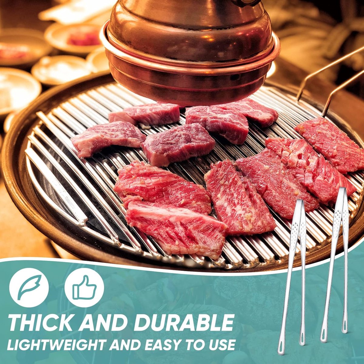 6 Stainless Steel Barbecue Tongs - 28 cm Korean & Japanese Model - Suitable for Grill, Steak, and Salad - Portable Kitchen and Outdoor Tongs Set - Image 3