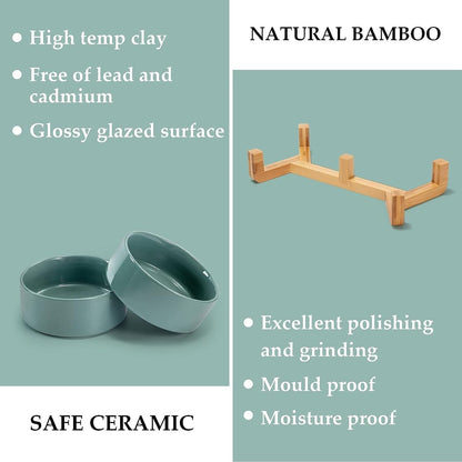 Cat Litter Box - Dog Bowl - Ceramic Food Bowl Set for Cat and Dog - With Wooden Base, Modern and Cute Design, Weighted and Non-Slip - Suitable for food and water - Suitable for cats, small dogs, and puppies (Capacity: 390 ml / Diameter: 13 cm) - Image 2