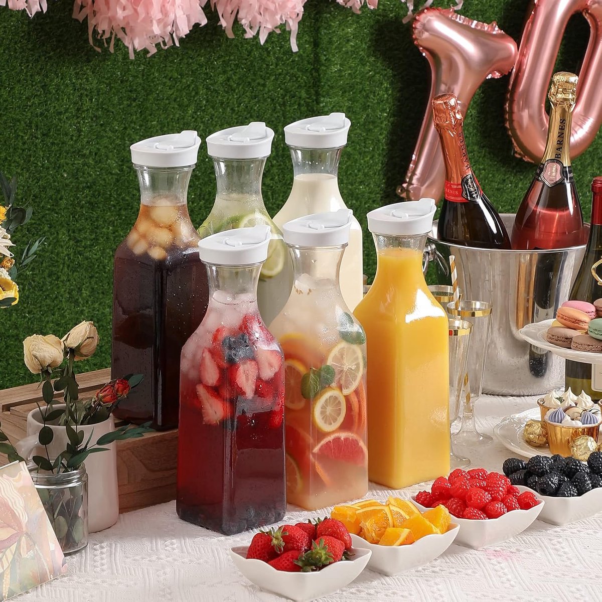 50 oz plastic water carafe with flip lid, set of 3 square plastic juice pitchers with clear bottom - for water, iced tea, juice, liquor, lemonade, milk and mimosa bar - HAND WASH ONLY - Image 4