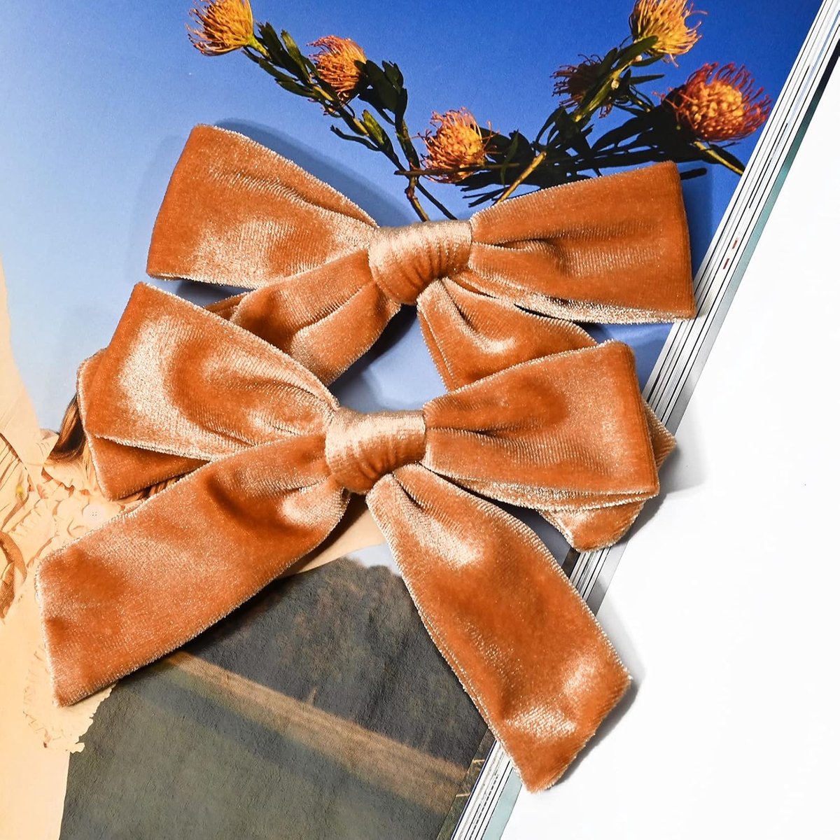 Hair Bows for Girls – 4.5 inch Velvet, Orange-Brown, Autumn/Winter - Image 2