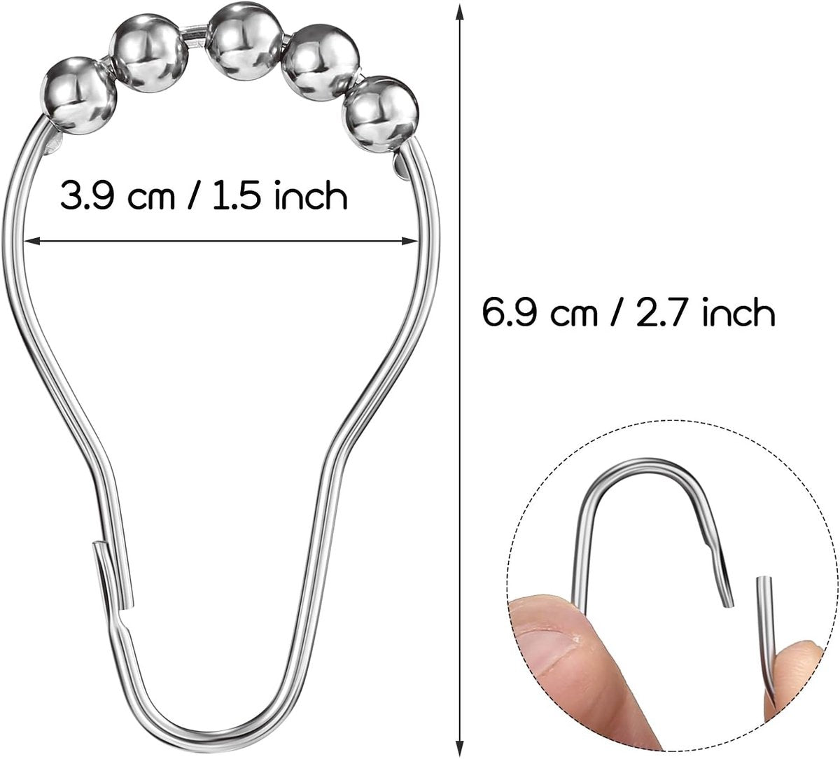 Shower curtain rings - 12 shower curtain rings - Stainless steel sliding hooks - 12 individual hooks - 69x39 mm - Image 2