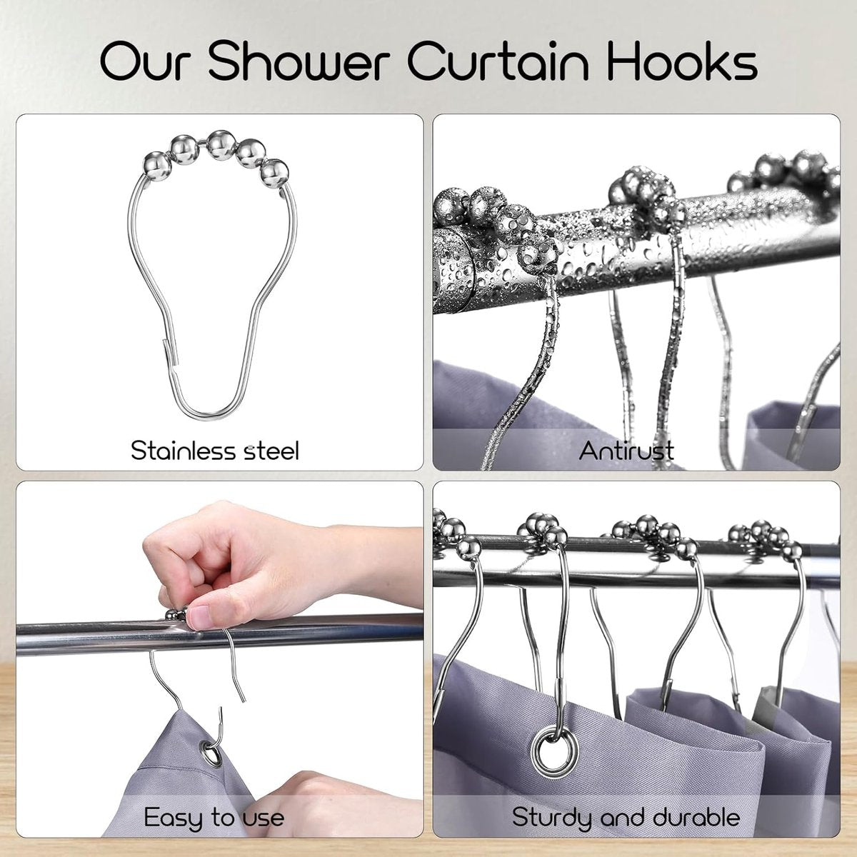 Shower curtain rings - 12 shower curtain rings - Stainless steel sliding hooks - 12 individual hooks - 69x39 mm - Image 3