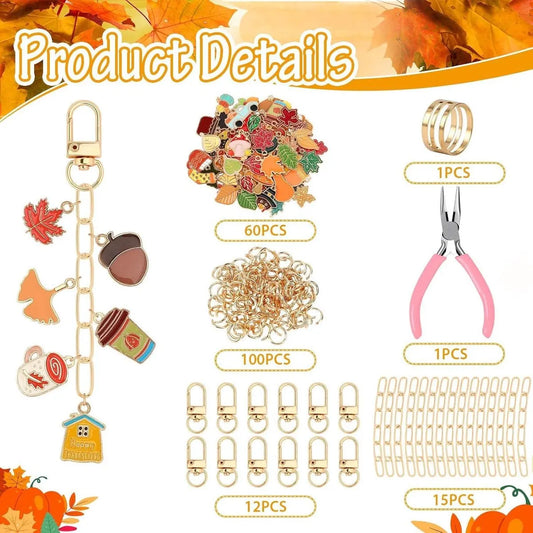 Autumn keychain making set - 60 autumn charms & 12 clips - plus accessories - Image 2