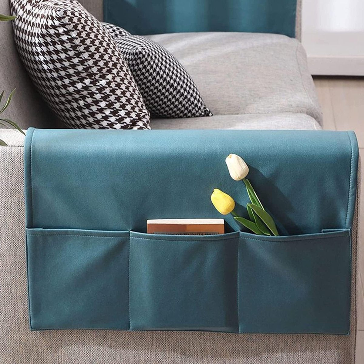 Sofa Armrest Storage - 5 Compartments - Reinforced Tech Fabric - Remote Control Holder - White (70*110CM) - Image 4