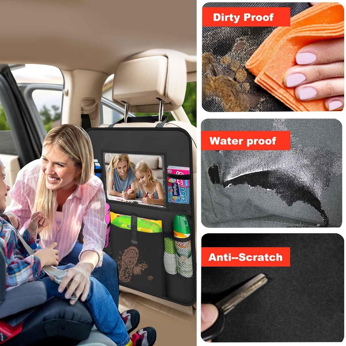 Two-pack storage bags for the car back seat - with touchscreen tablet holder - 6 storage bags - protective cushions - car seat covers - children's travel accessories - Image 2